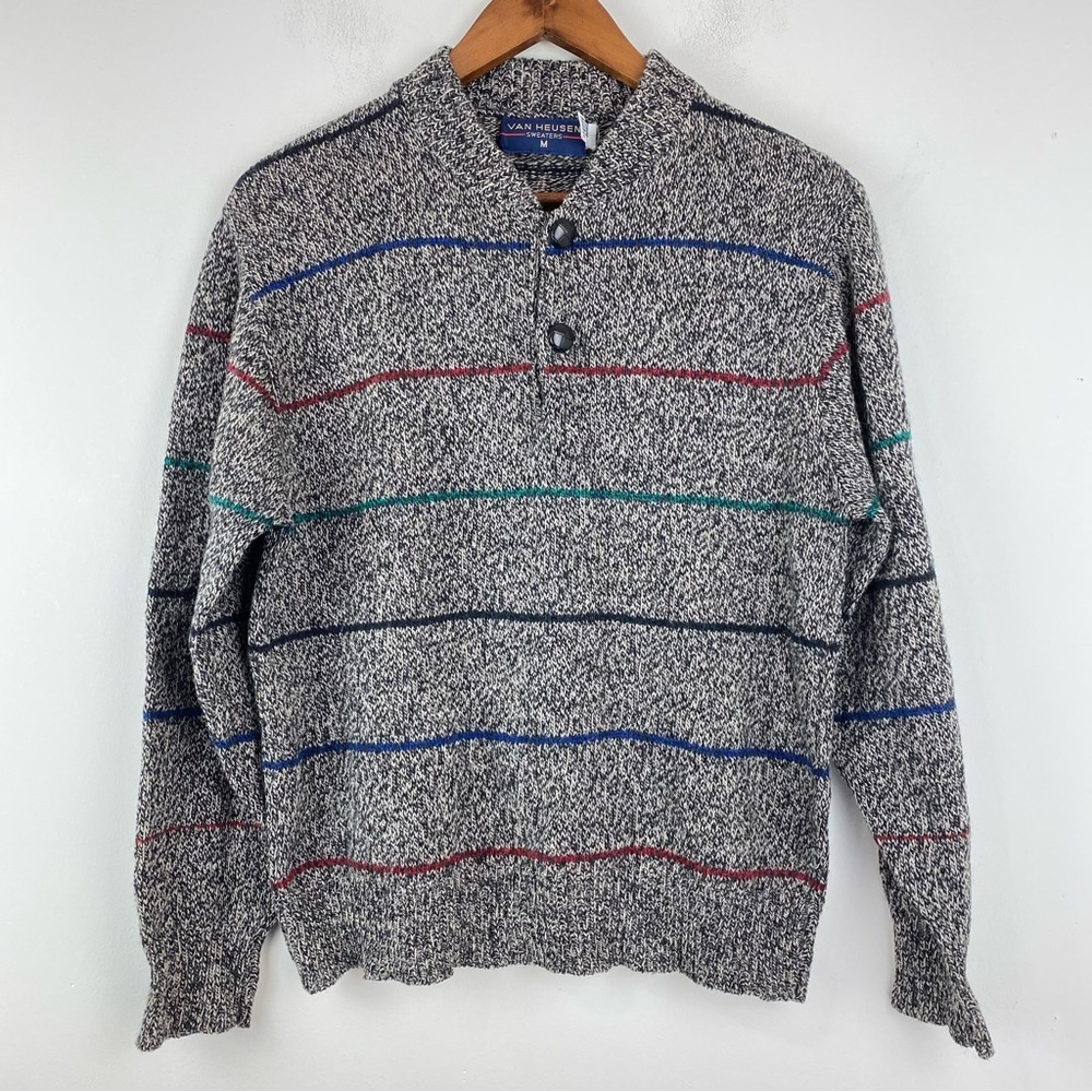 Vintage Van Heusen size Medium Men’s Gray Wool Blend 1/4 Button Pullover Sweater